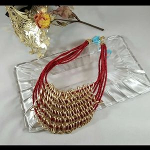 Chic Multi Layed Red Necklaces Weaved in Gold Chai